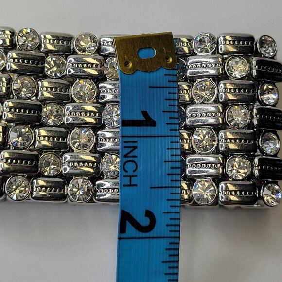 Women's Crystal Silver Tone Wide Stretch Cuff Bracelet - Picture 9 of 10